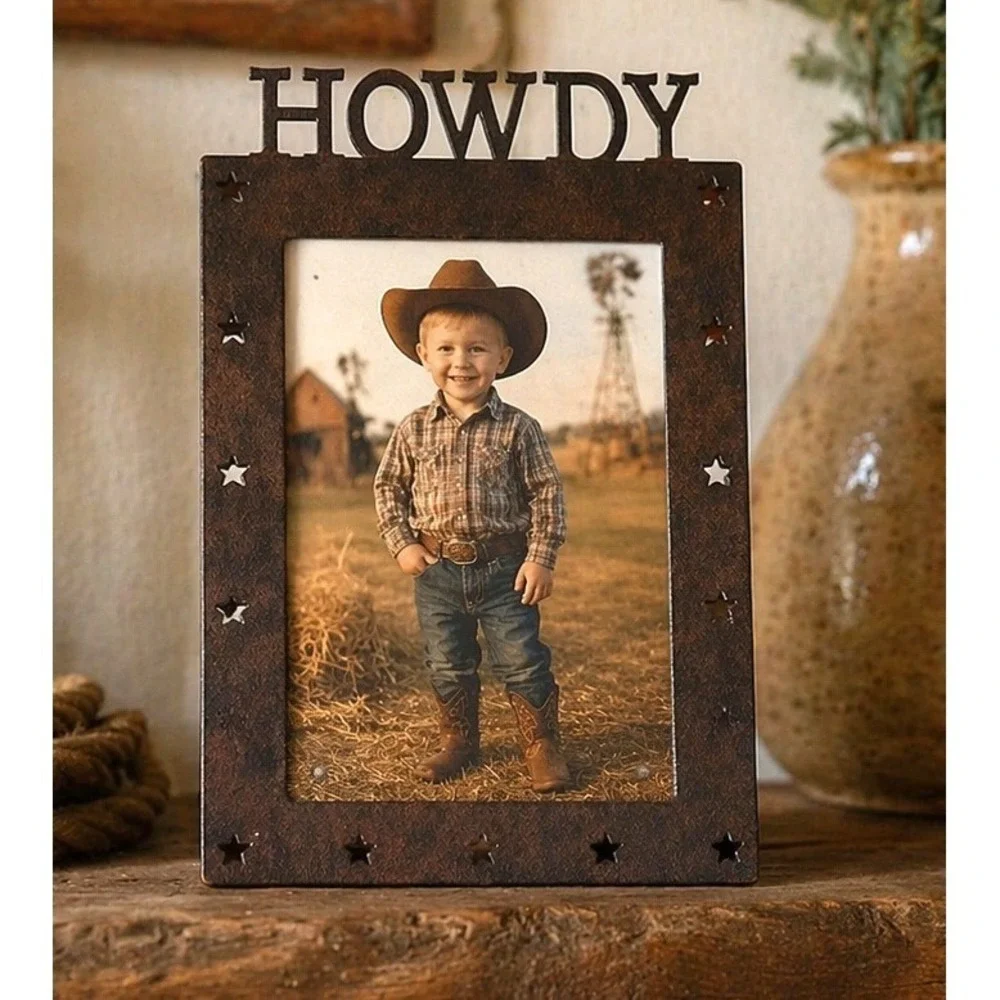 Rustic Metal Howdy Picture Frame Brown Western Star Cutout 4x6 Vertical Decor